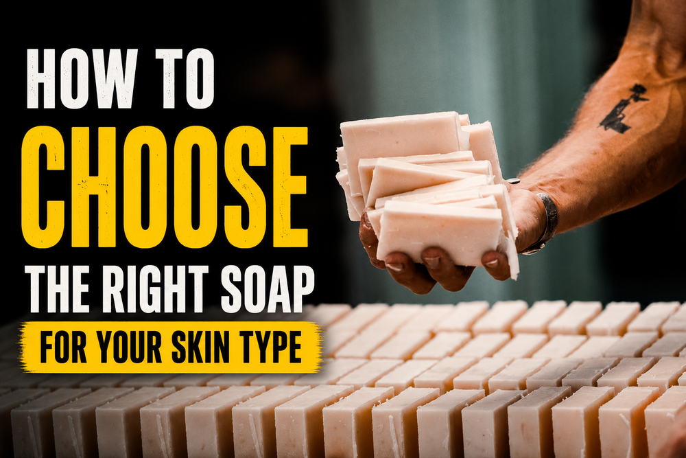 Man's arm holding bar soaps, "How to Choose the Right Soap for Your Skin Type"