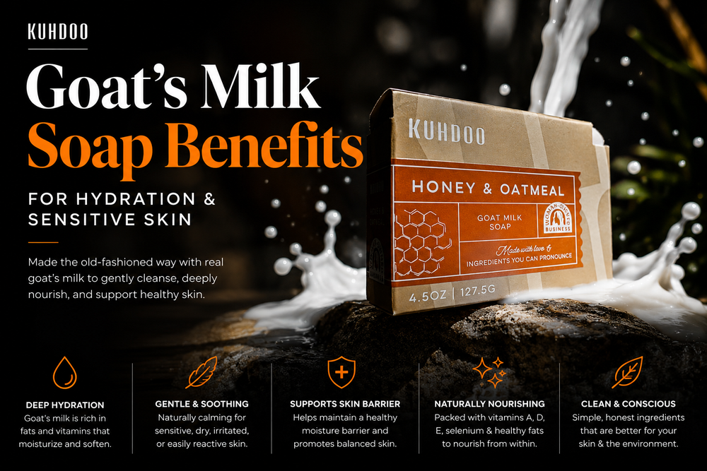 Kudhoo Honey Oatmeal bar soap info graphic "Goat’s Milk Soap Benefits for Hydration & Sensitive Skin"