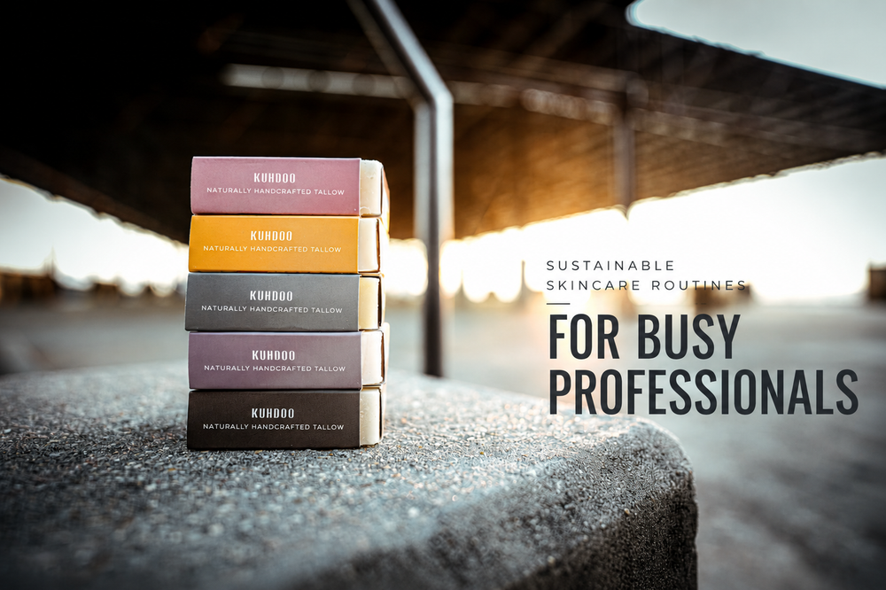 Collection of Kuhdoo bar soaps, "Sustainable Skincare Routines for Busy Professionals"