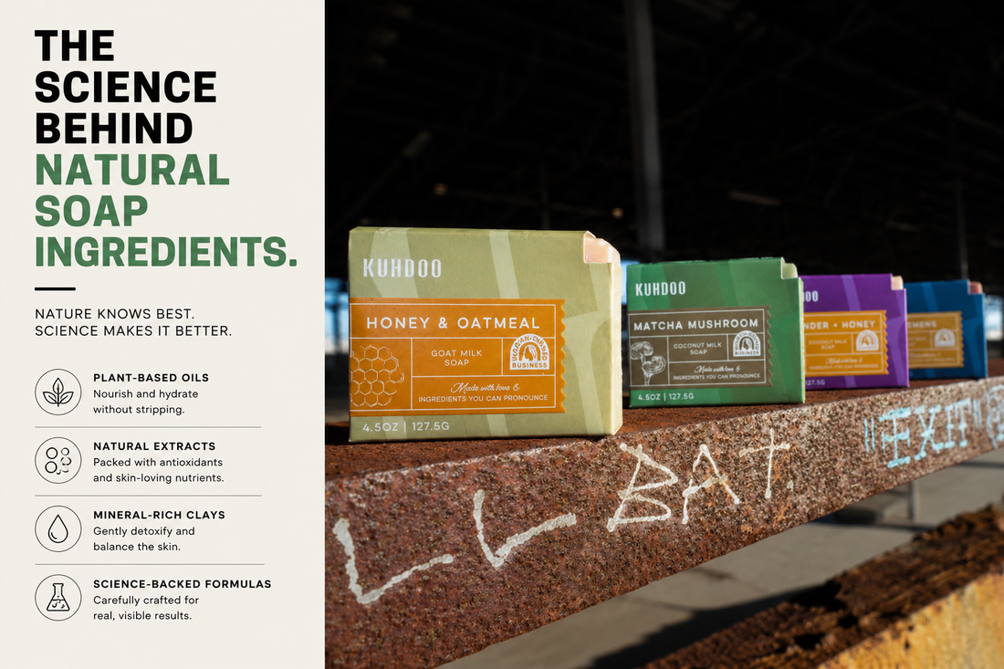 Collection of Kuhdoo Bar Soaps, "The Science Behind Natural Soap Ingredients"