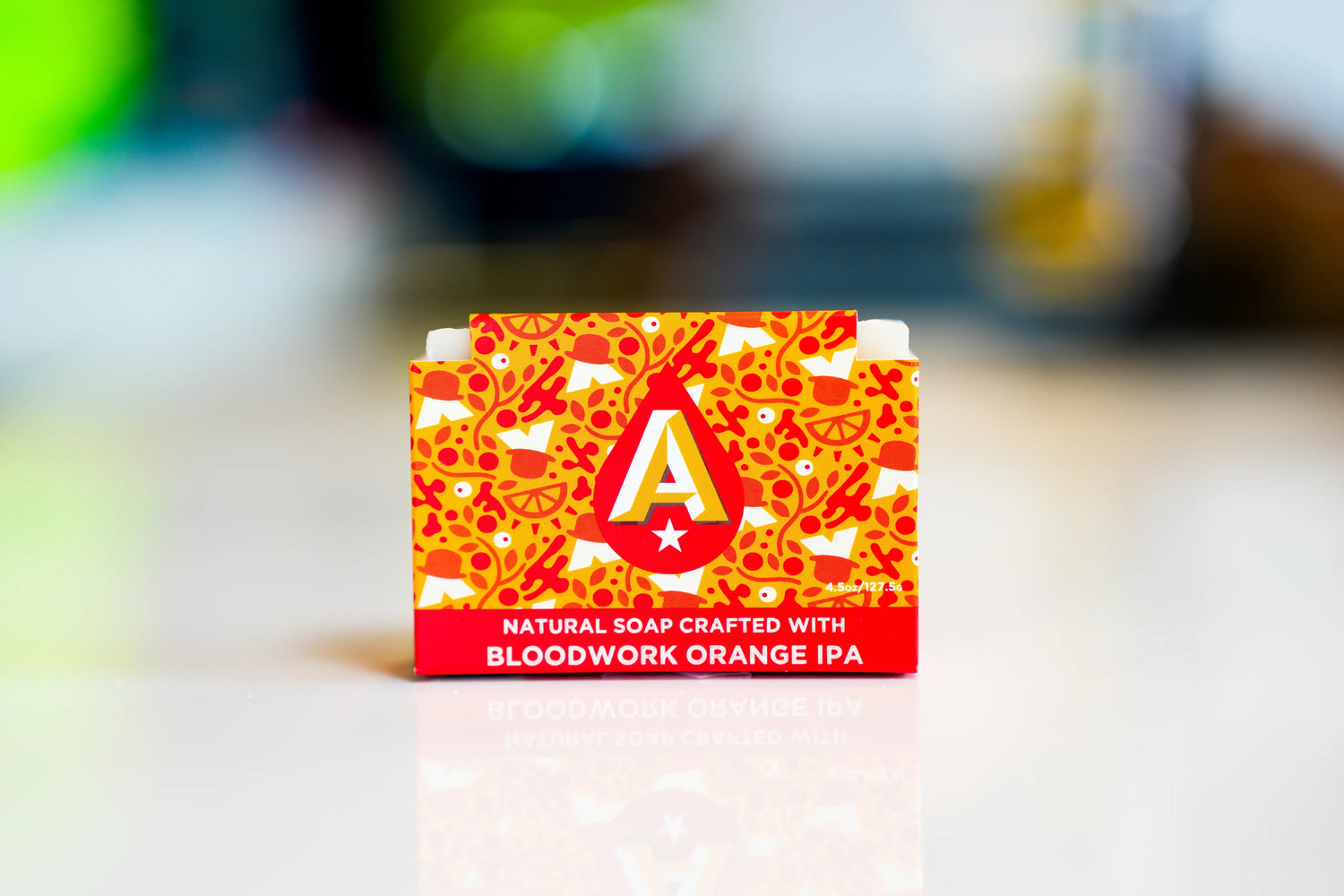 Bloodwork Orange IPA beer soap bar back label with citrus notes, showing Austin beer works URL
