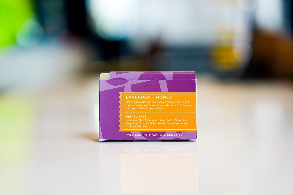 Lavender honey soap back label with soothing blend, showing ingredients and eco-friendly label