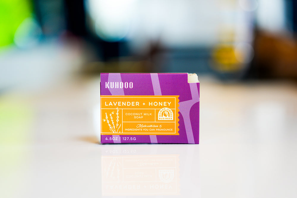 Lavender honey soap bar front packaging - Kuhdoo (The Best Soap on Earth)