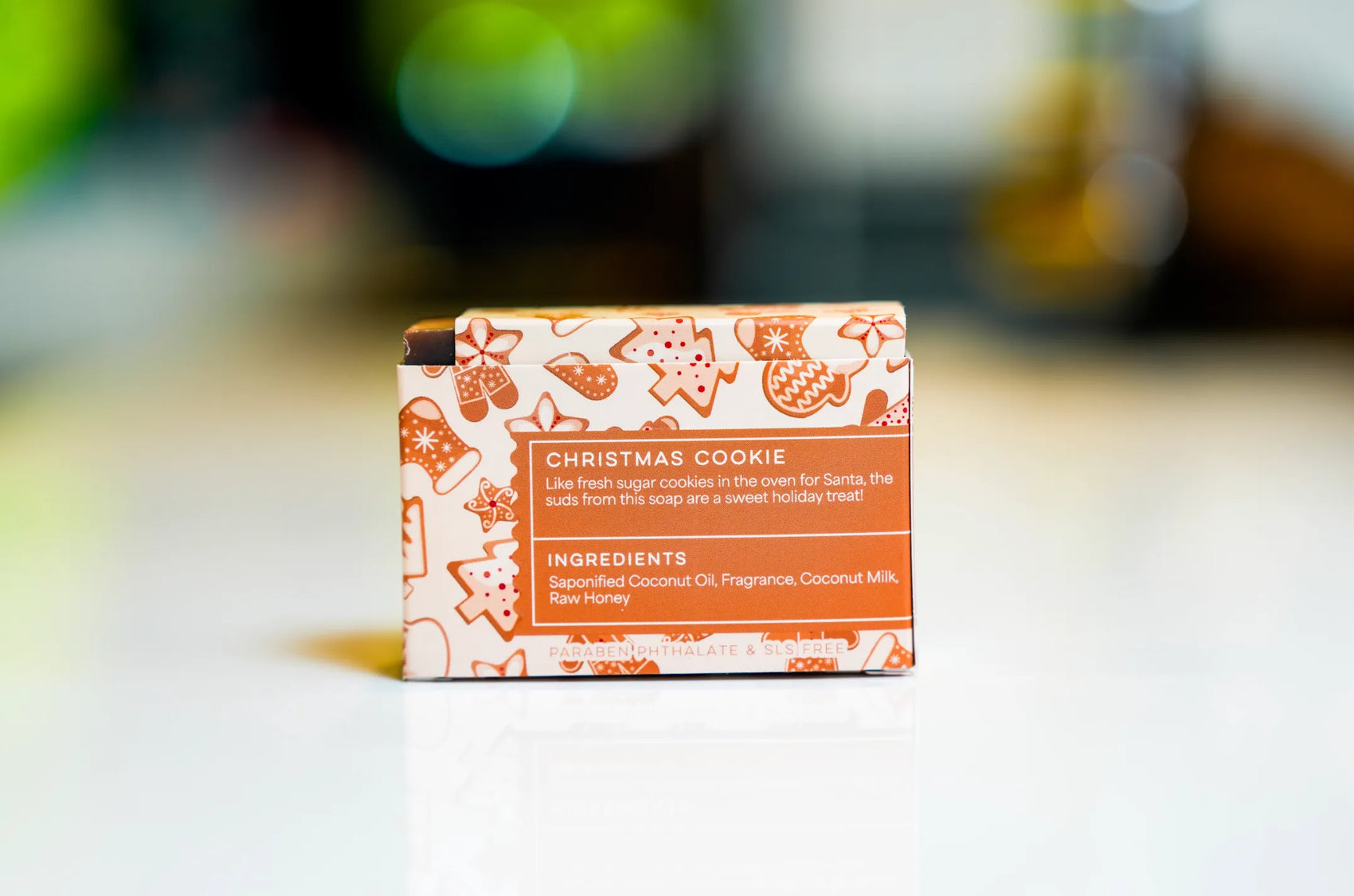 Christmas cookie soap back label with festive fragrance, showing ingredients and eco-friendly label