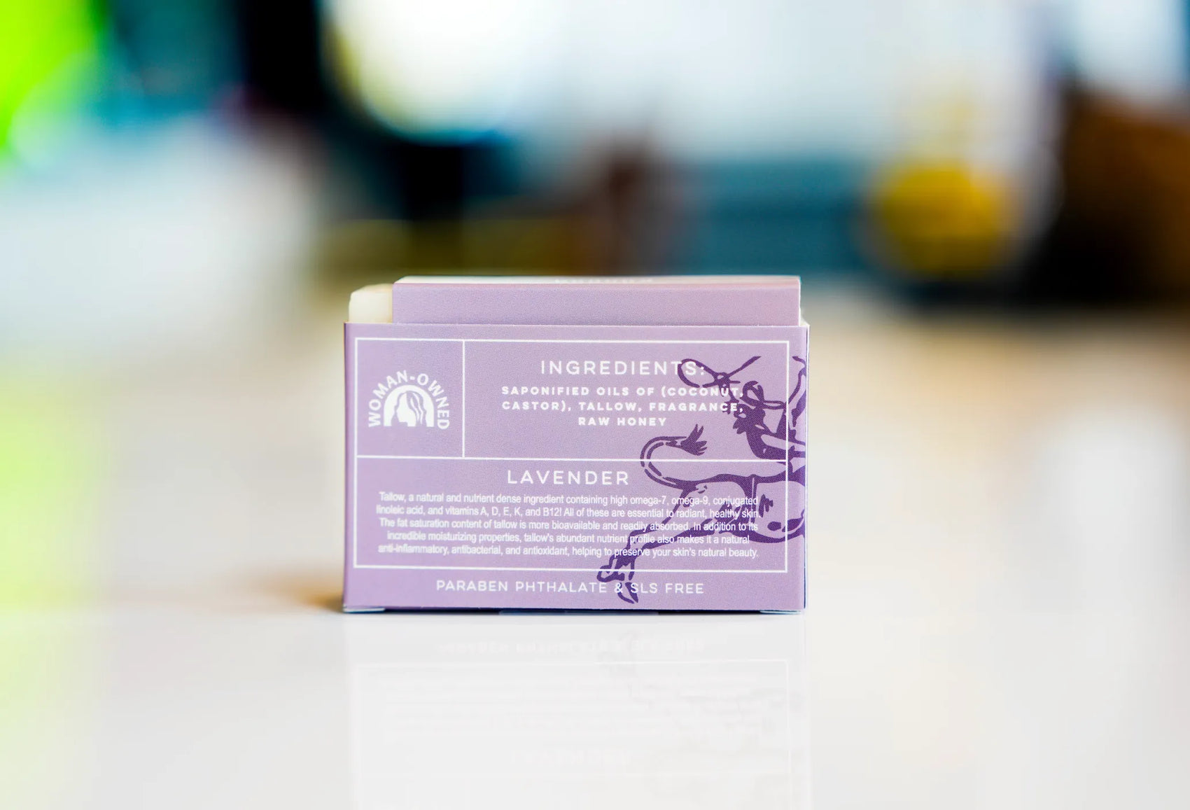 Lavender tallow soap back label with calming properties