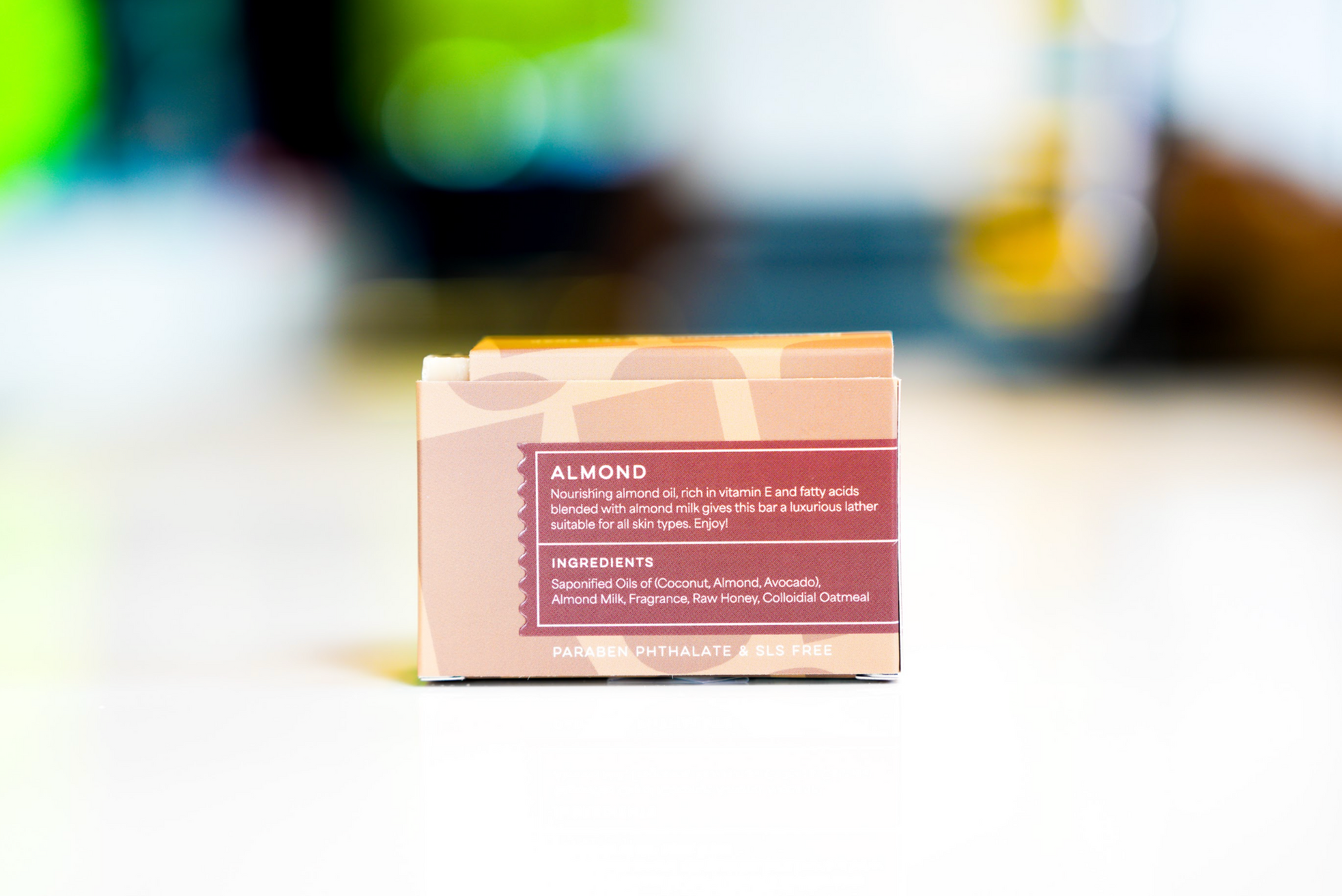 Almond honey soap back label with nourishing oils, showing ingredients and eco-friendly label