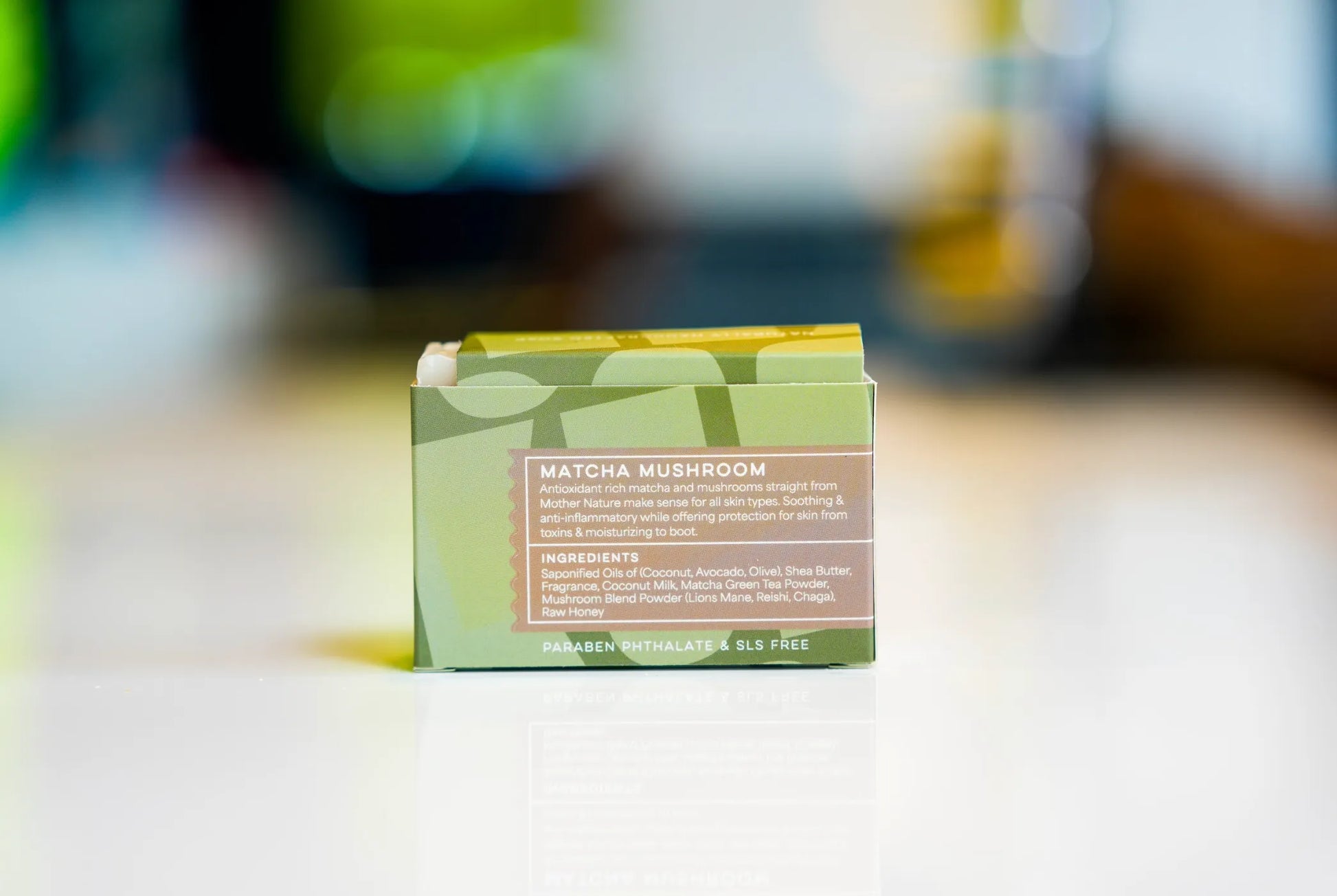 Matcha mushroom soap back label with antioxidant-rich blend