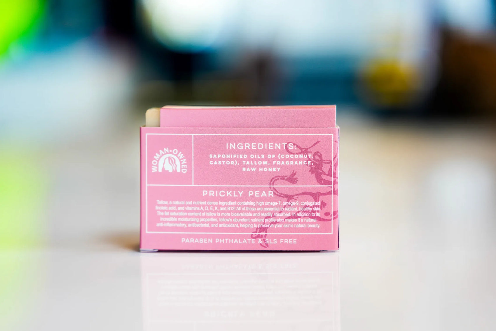 Prickly pear tallow soap back label showing hydration benefits