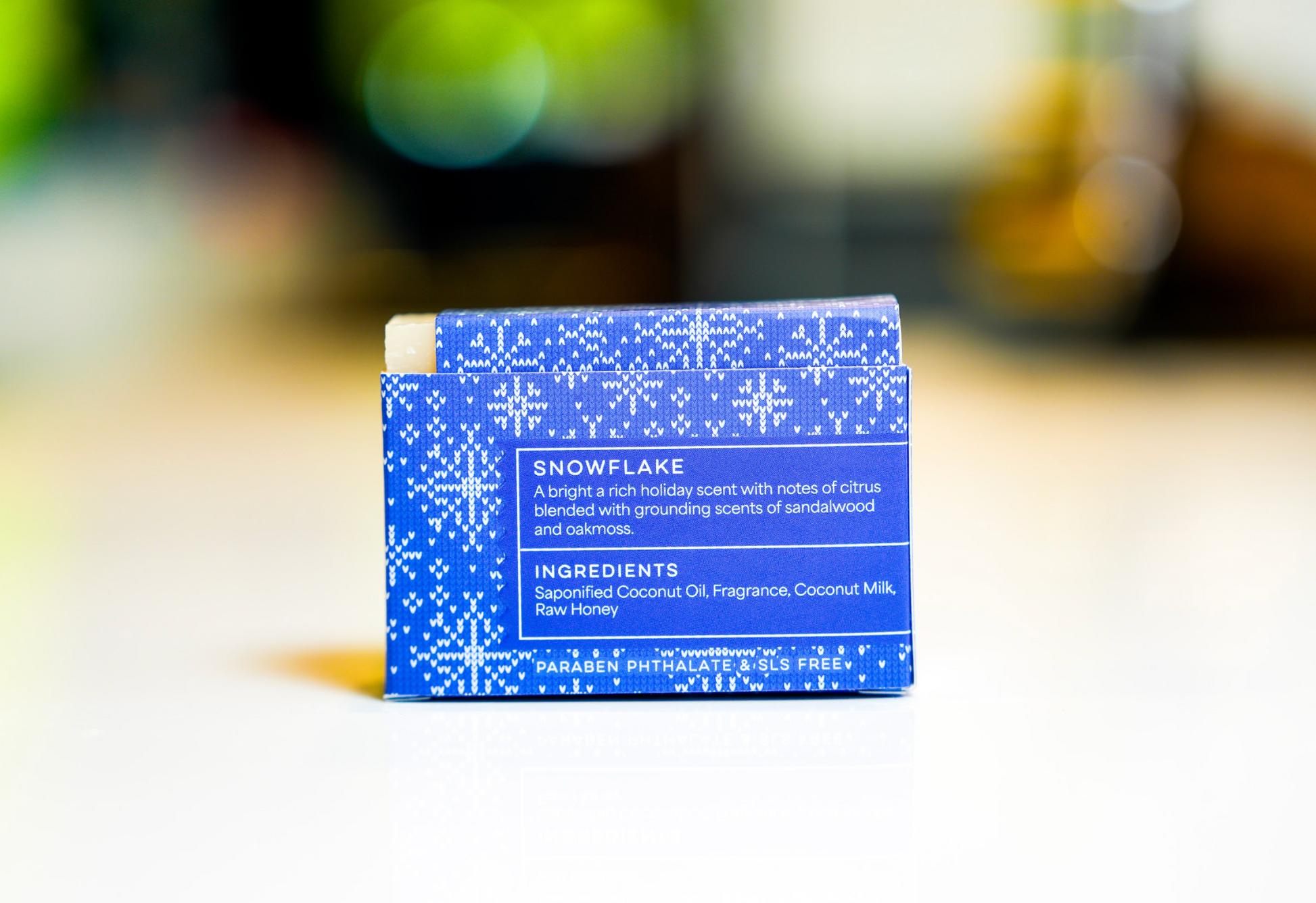 Snowflake soap bar back label with gentle winter scent, showing ingredients and eco-friendly label
