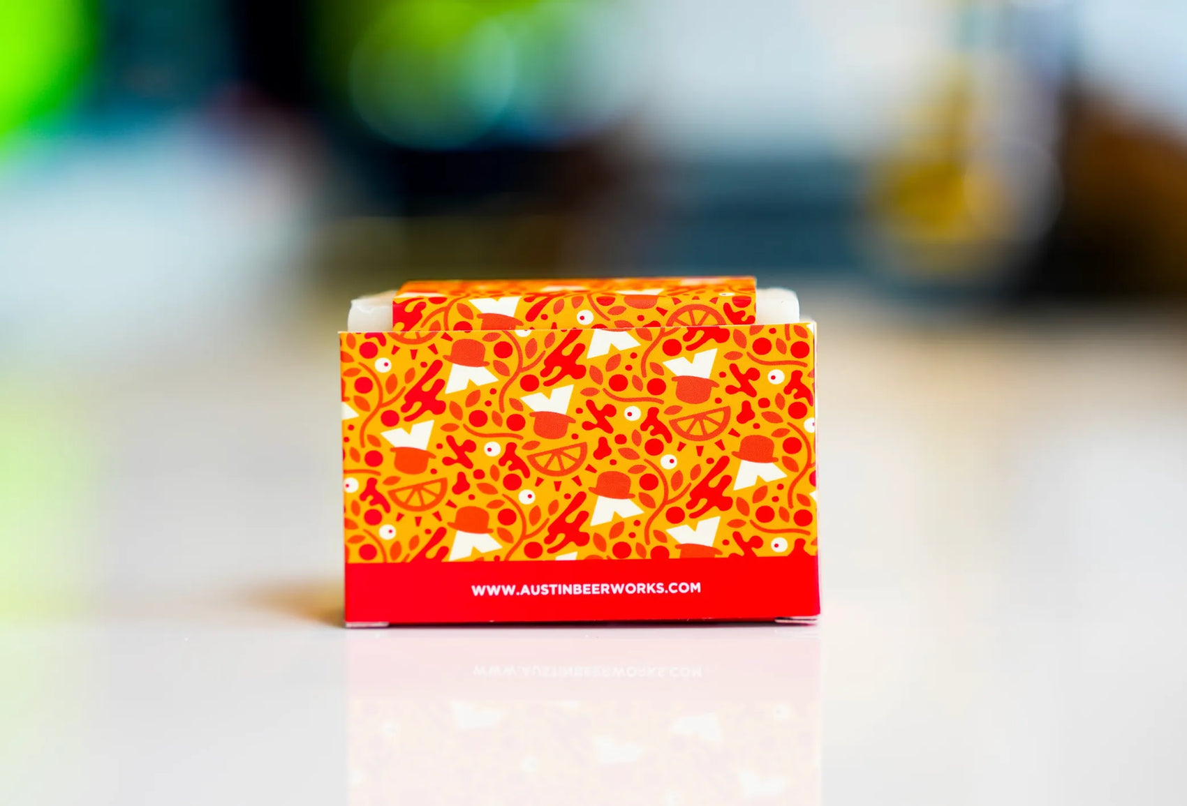 Bloodwork Orange IPA beer soap bar back label with citrus notes, showing Austin beer works URL