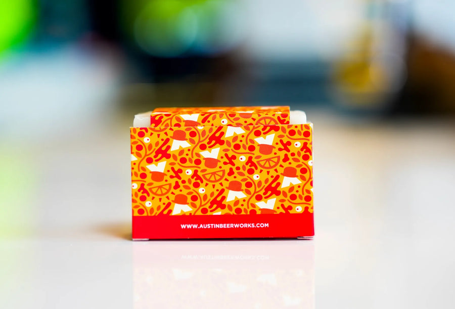 Bloodwork Orange IPA beer soap bar back label with citrus notes, showing Austin beer works URL