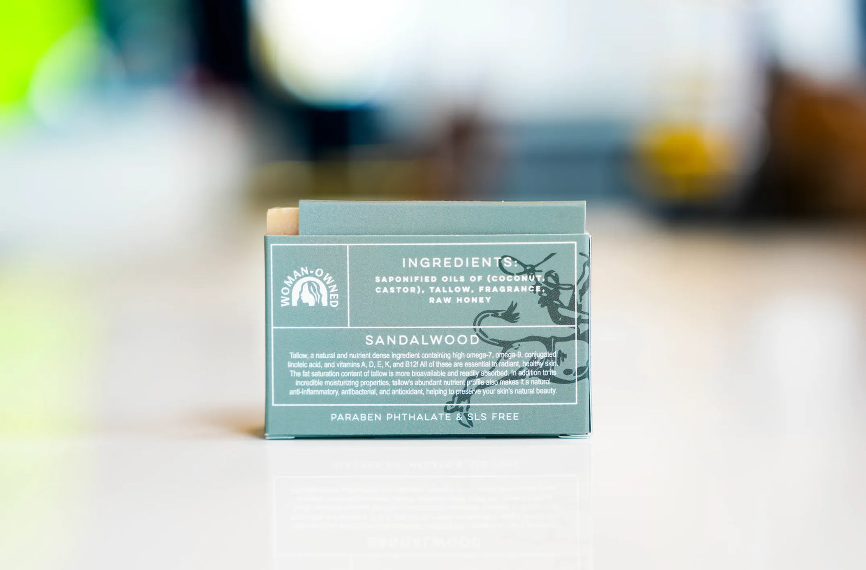 Tallow sandalwood soap back label with moisturizing ingredients
