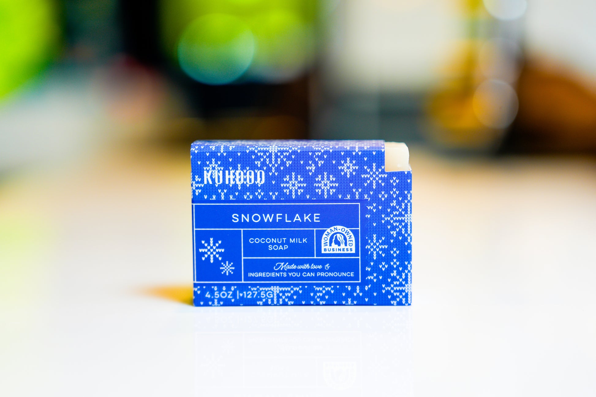 Snowflake soap bar front packaging - Kuhdoo (The Best Soap on Earth)