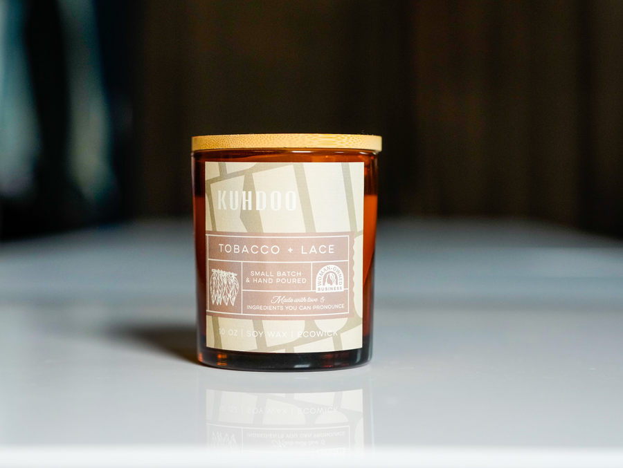 Tobacco and Lace Candle hand poured in a glass container by Kuhdoo
