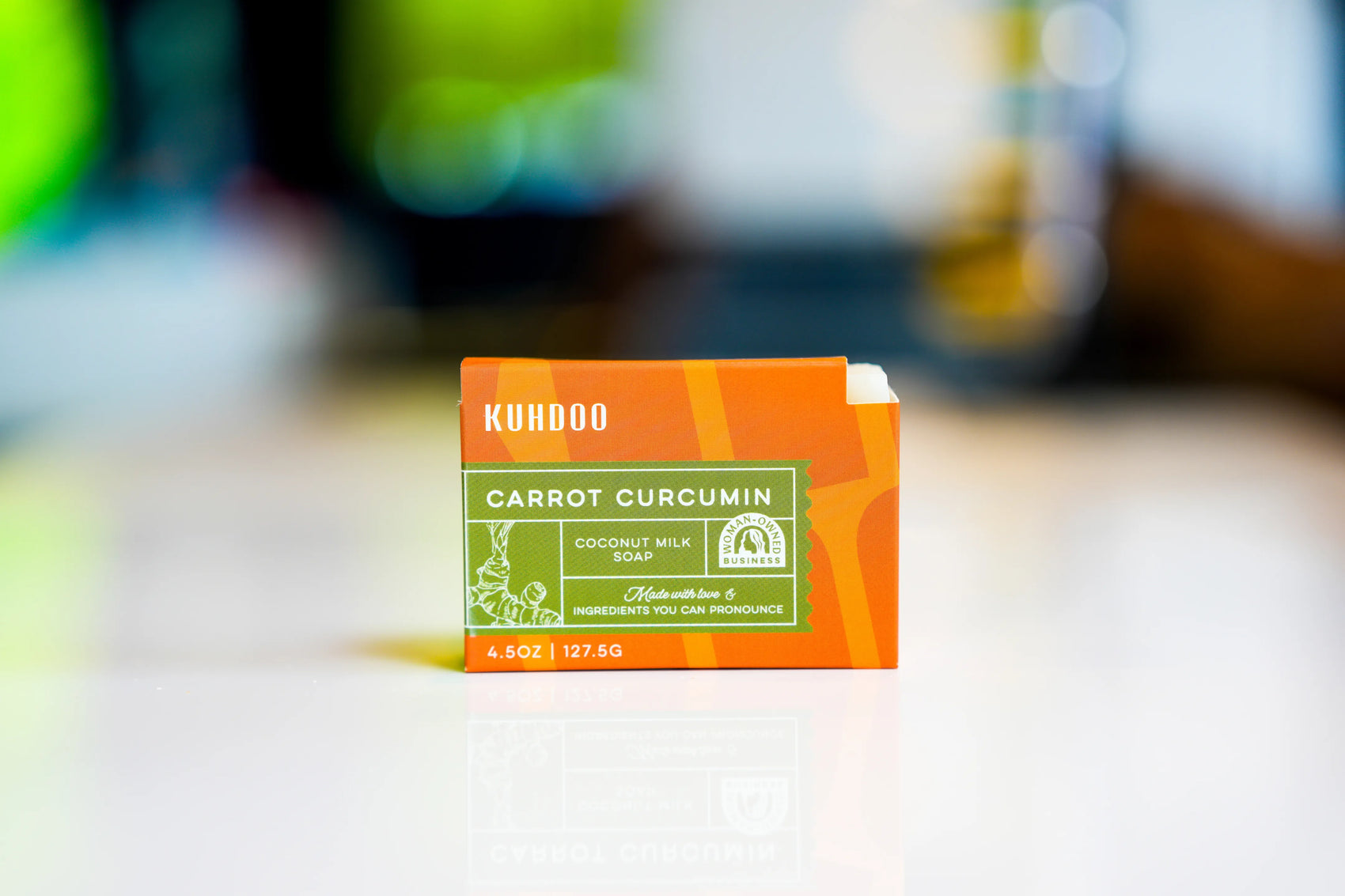 Carrot curcumin soap bar front packaging - Kuhdoo (The Best Soap on Earth)