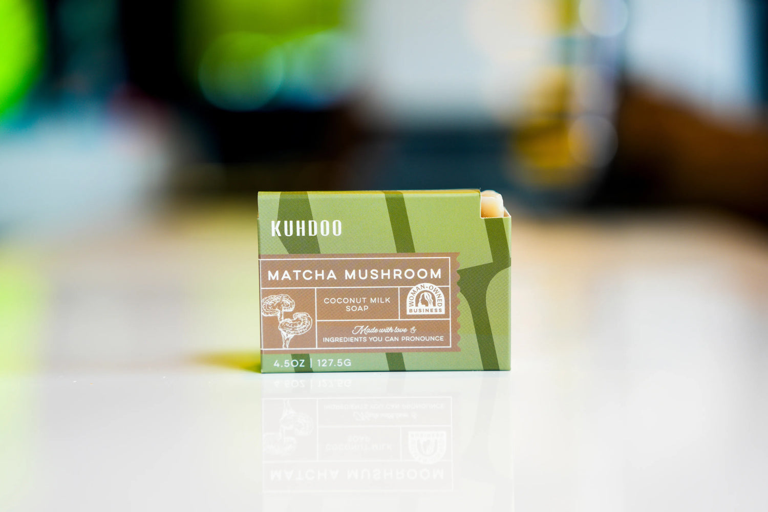 Matcha mushroom soap bar front packaging - Kuhdoo (The Best Soap on Earth)